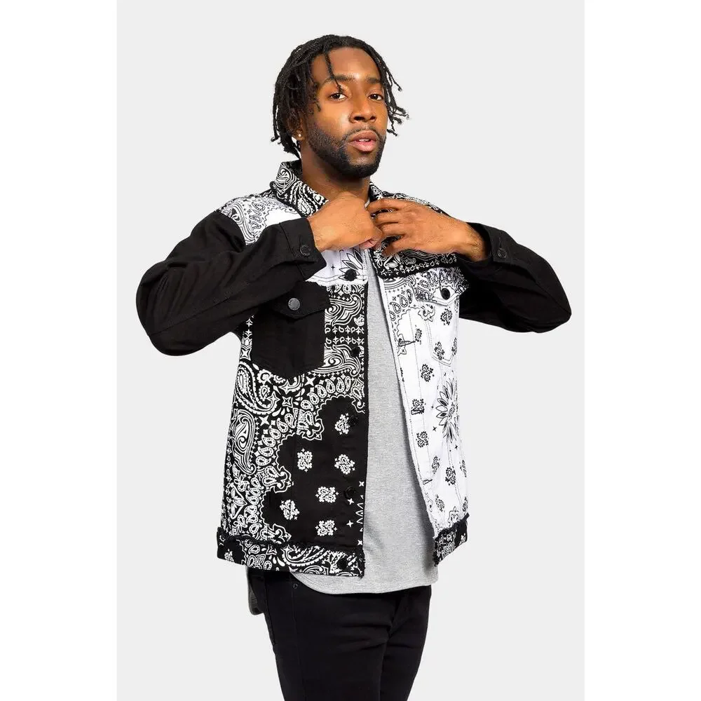 Victorious Colorblock Distressed Bandana Paisley Denim Button Jacket L - Picture 1 of 8